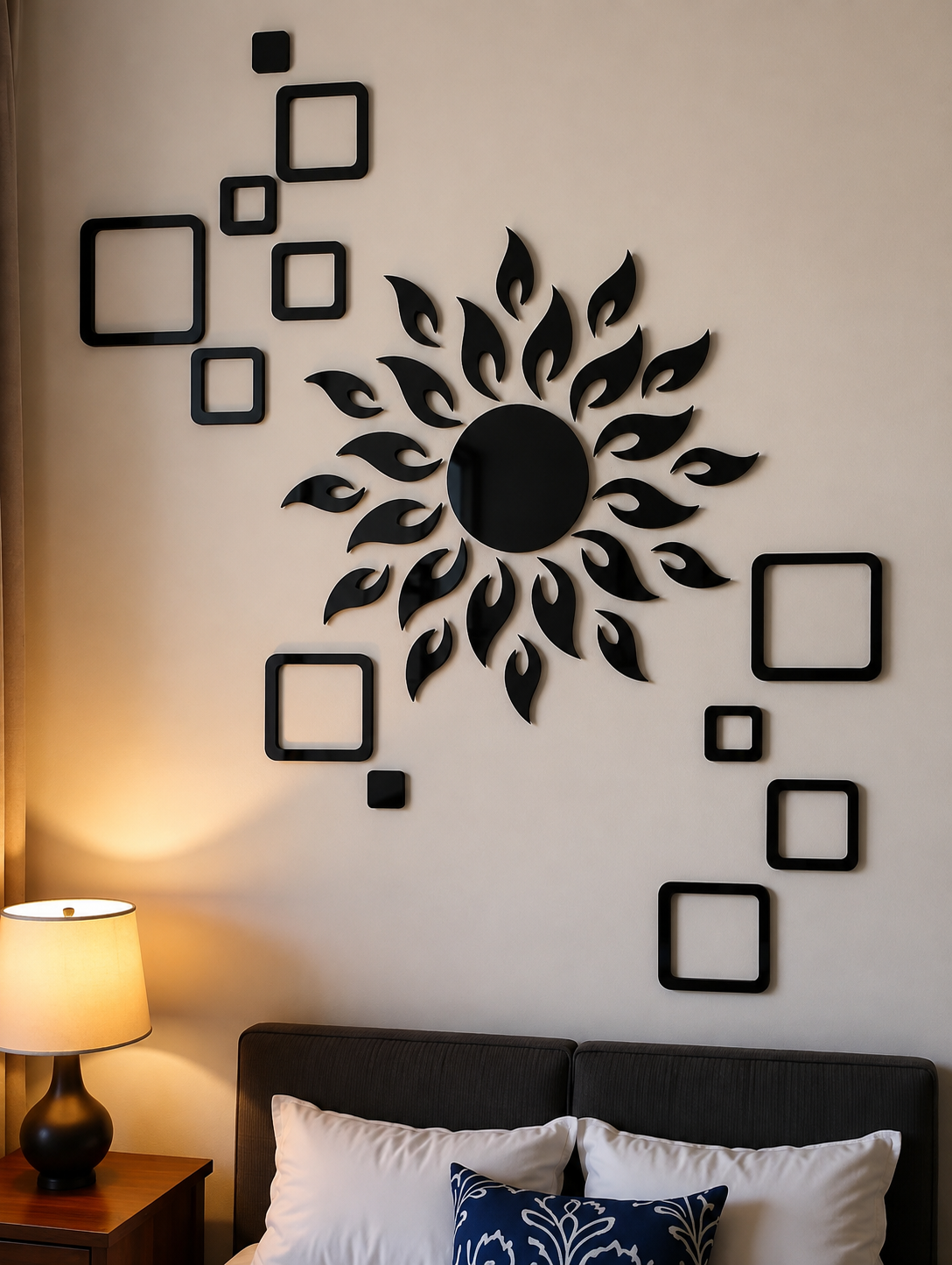 Sunburst Acrylic Wall Decor – Black Mirror Sun & Floating Squares Set