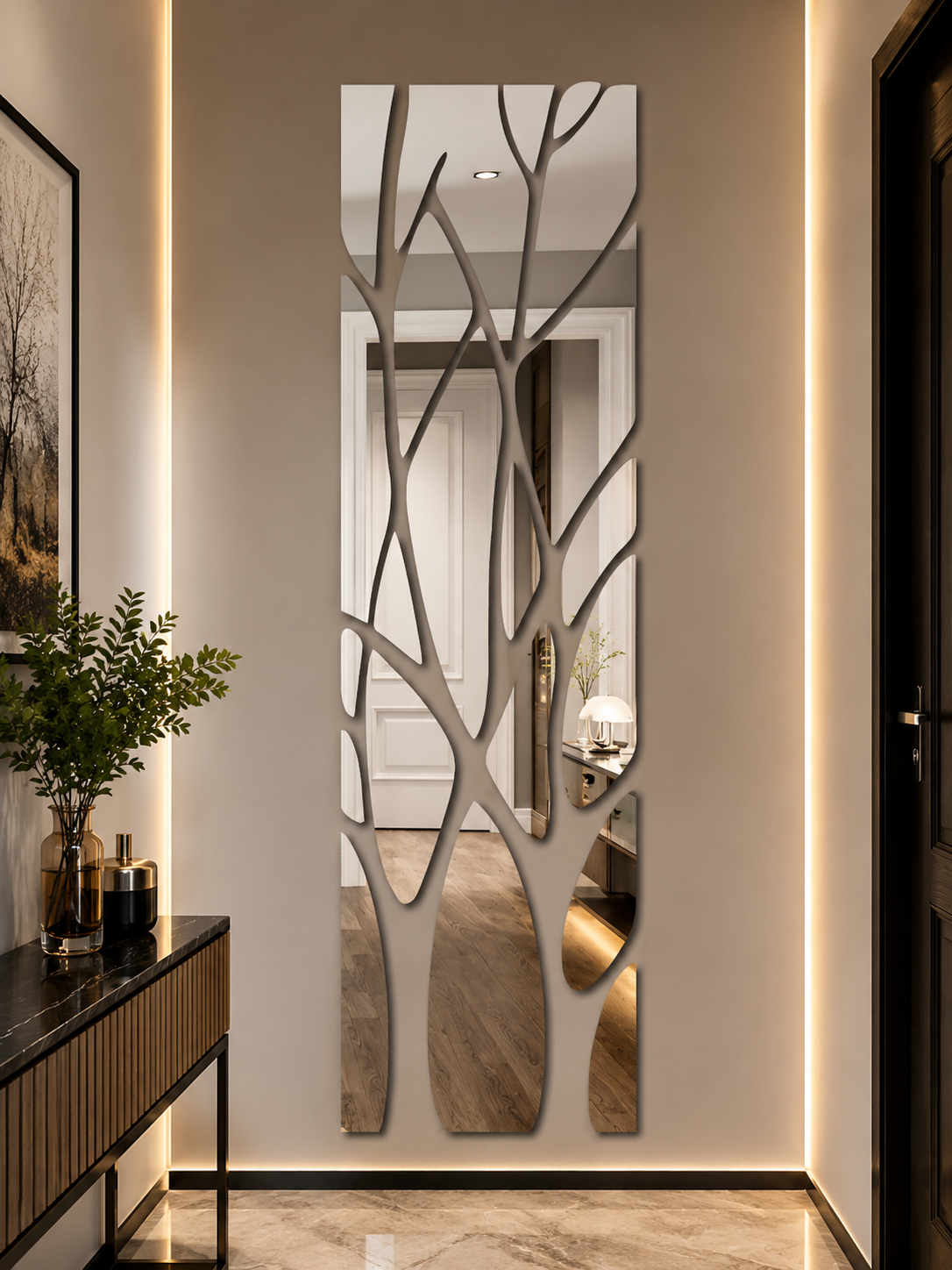 21pcs Lucky Tree Acrylic Mirror Wall Stickers displayed in modern hallway with warm lighting