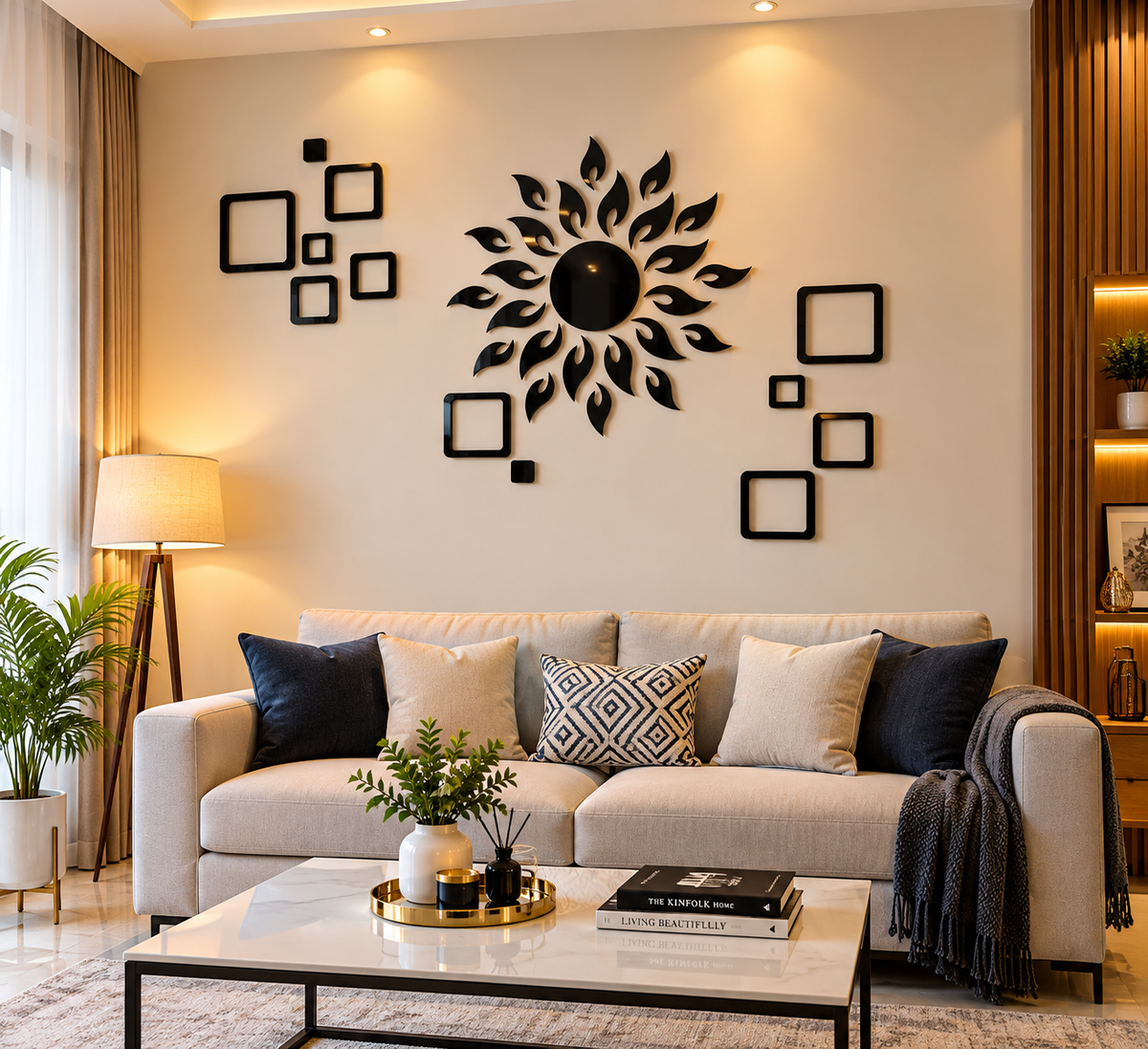 Sunburst Acrylic Wall Decor – Black Mirror Sun & Floating Squares Set