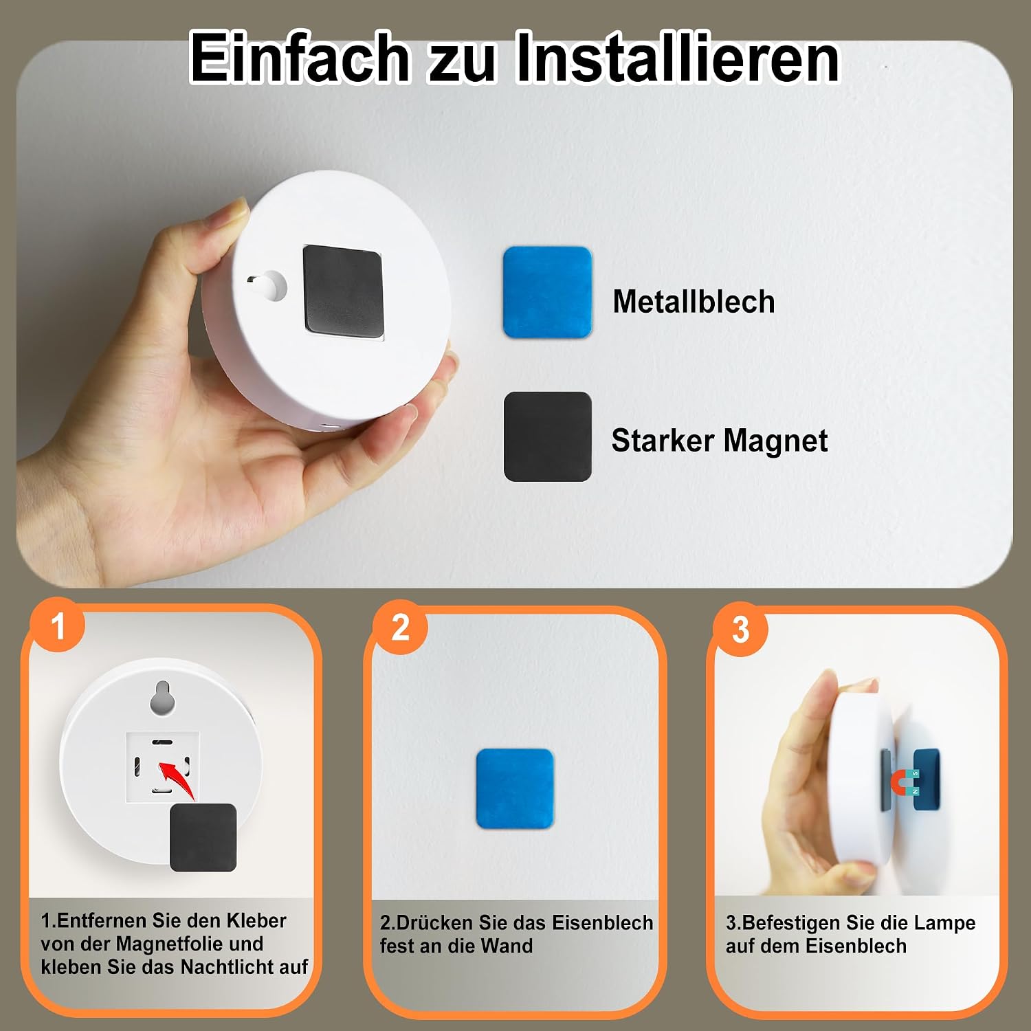 Easy 3-step magnetic installation guide for motion sensor light