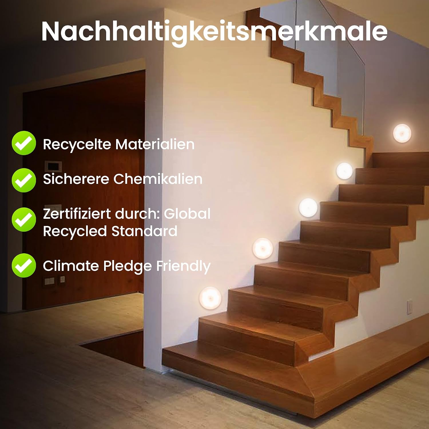 Motion sensor LED light sustainability features - recycled materials and eco certifications