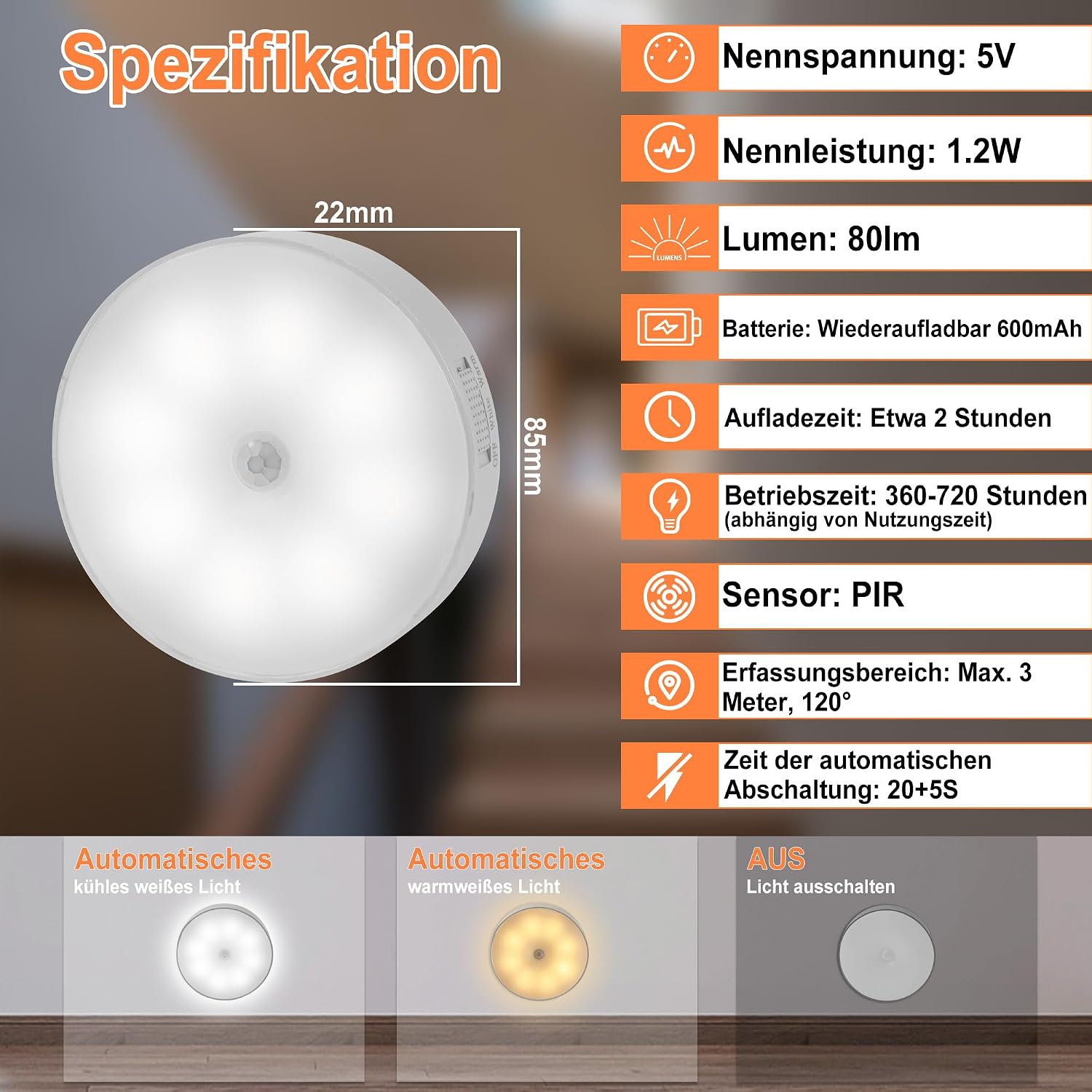 Motion sensor LED light specifications - 85mm size, 600mAh battery, PIR sensor