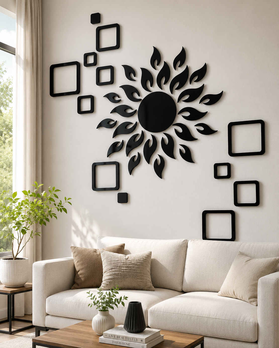 Sunburst Acrylic Wall Decor – Black Mirror Sun & Floating Squares Set
