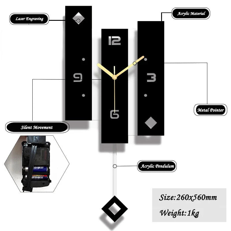 Modern Black Acrylic Pendulum Wall Clock specifications - laser engraving, silent movement, metal pointer, acrylic pendulum