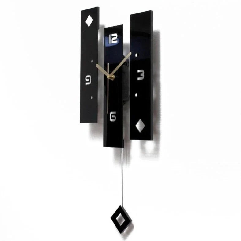 Modern Black Acrylic Pendulum Wall Clock mounted on wall - full view