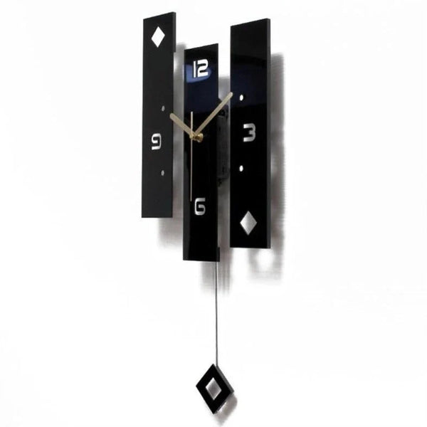 Modern Black Acrylic Pendulum Wall Clock mounted on wall - full view