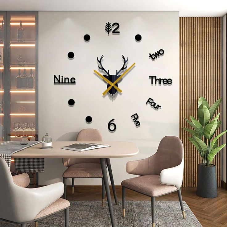 Modern Deer Wall Art Clock displayed in modern dining room - 24x24 inch MDF deer head centrepiece with gold hands and mixed numeral design