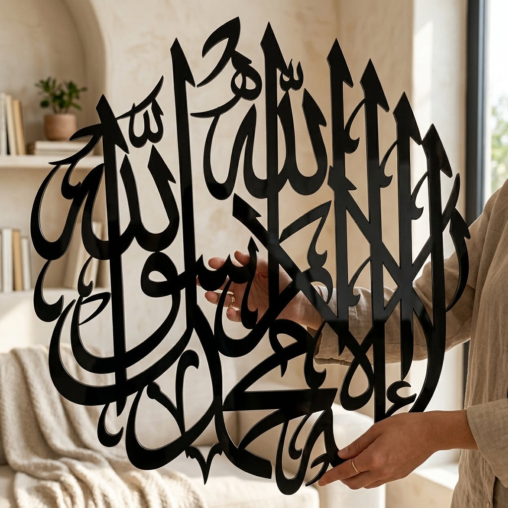 Premium Kalma Black Acrylic Wall Art - circular calligraphy on white background