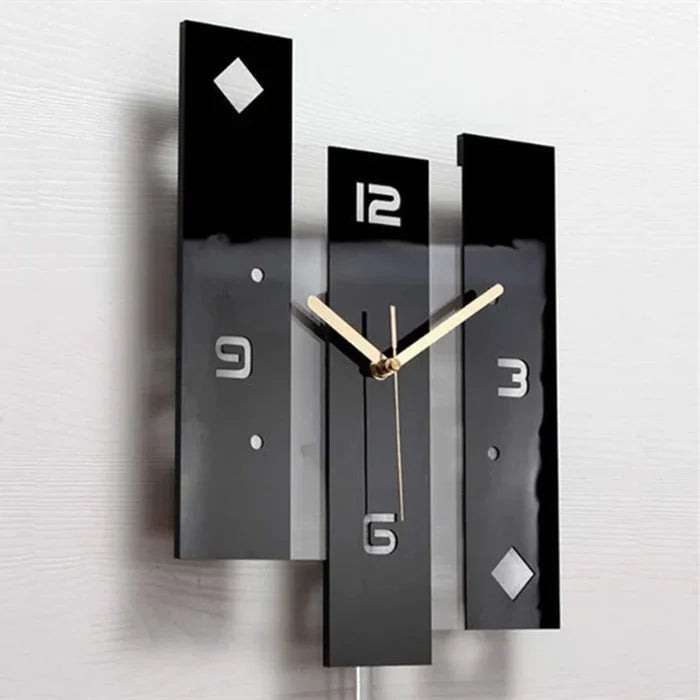Modern Black Acrylic Pendulum Wall Clock mounted on wall - full view
