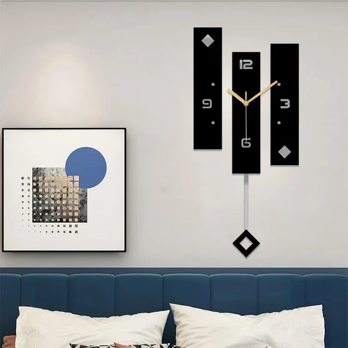 Modern Black Acrylic Pendulum Wall Clock displayed on white wall