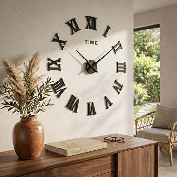 Oversized Roman Numeral Wall Clock – Frameless 3D DIY Acrylic Decor