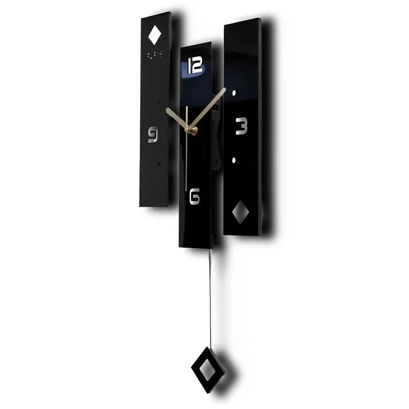 Modern Black Acrylic Pendulum Wall Clock in living room setting